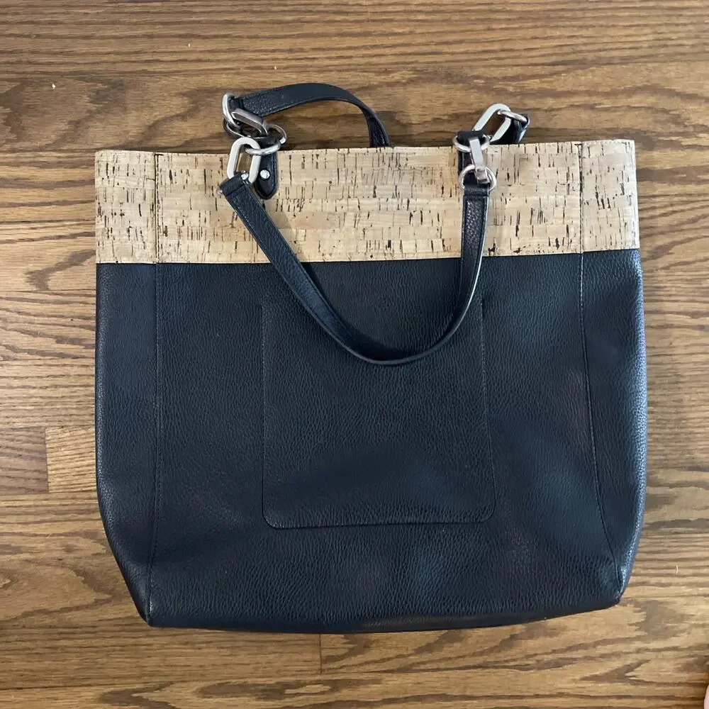 Lauren Ralph Lauren Tote Bag Cork Trim Black Faux Leather Shoulder Bag Purse